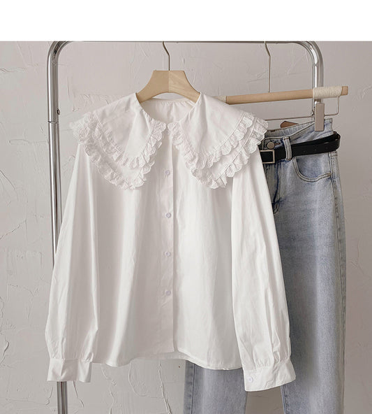 Chemise à col bébé en dentelle version coréenne haut simple boutonnage mince et de style étranger 6435
