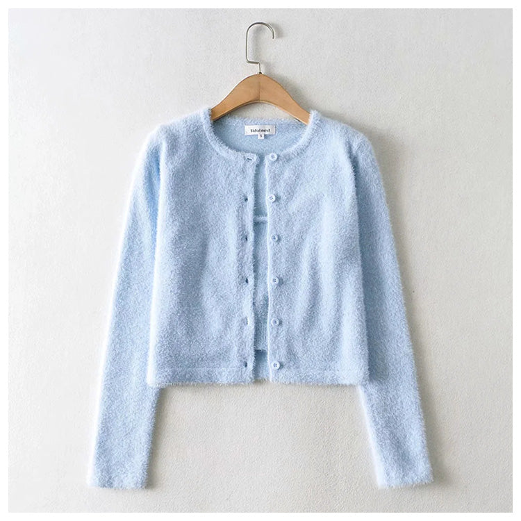 Alternder, süßer, einfarbiger Pullover-Cardigan mit einfachen Knöpfen 7210