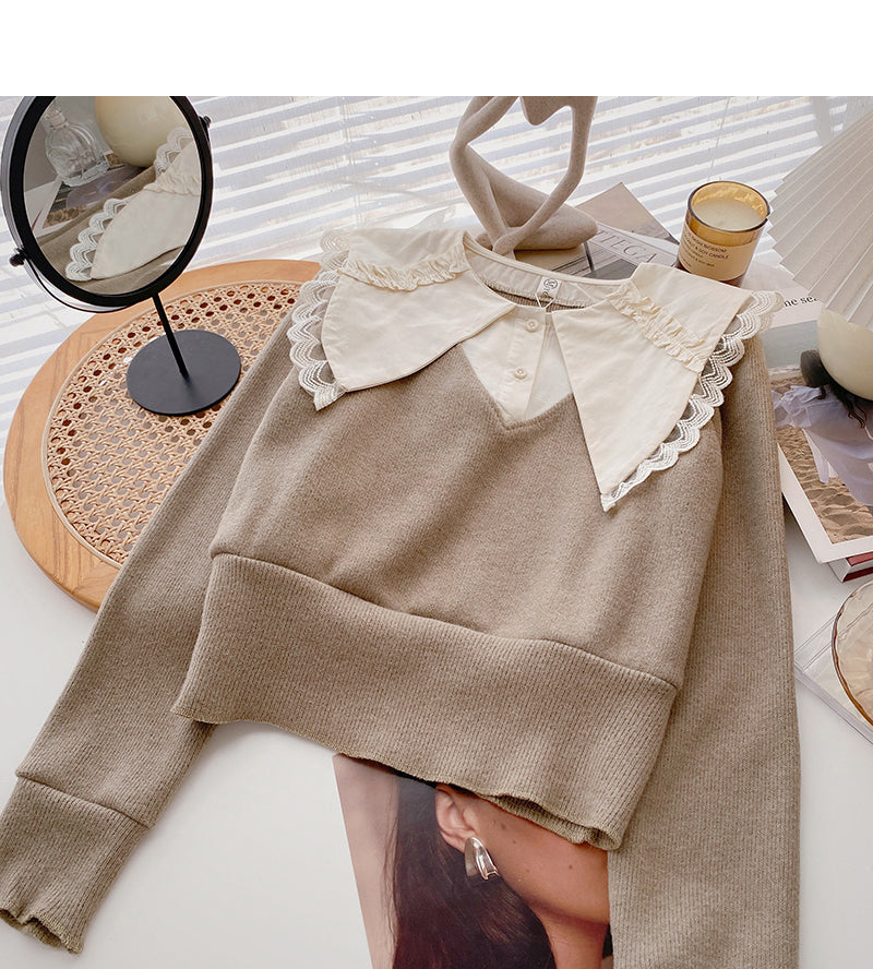 Design sense baby collar stitched sweater Vintage top 6601