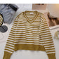 Streifenfarbe Kontrast V-Ausschnitt Pullover Langarm Temperament Pullover 6000