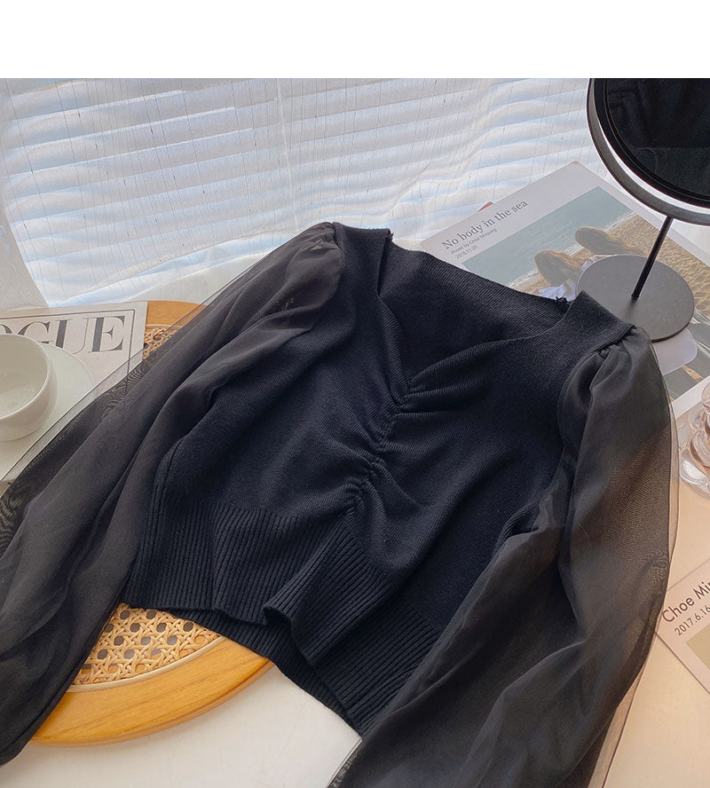 Korean mesh long sleeve design pleated V-neck short slim top  6667