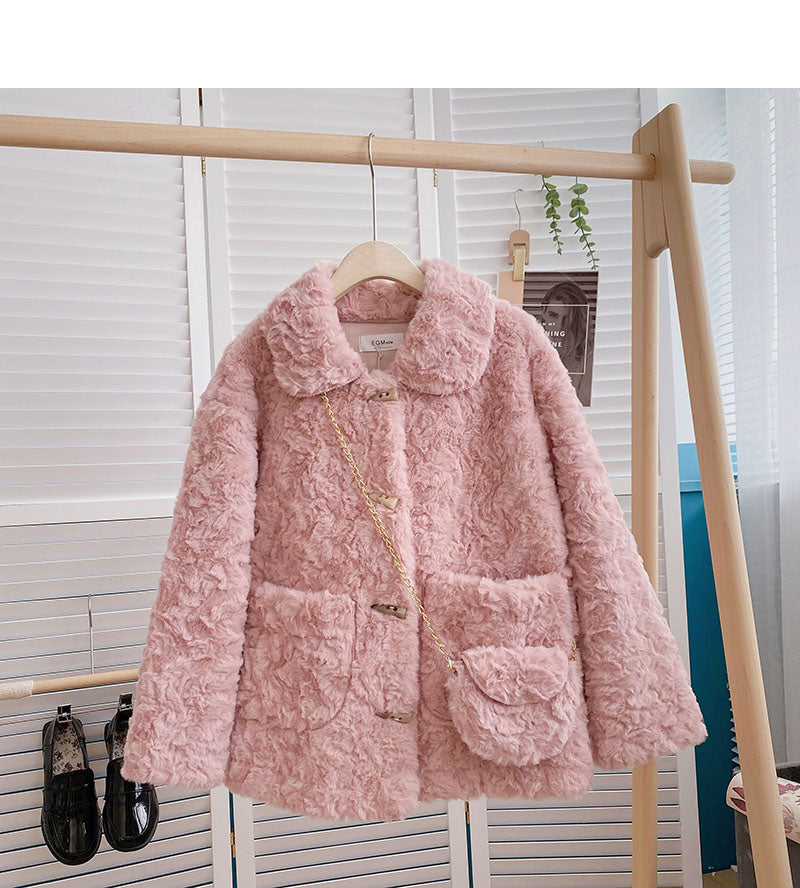 Korean thickened loose lamb wool one-piece coat small ox horn button top  6226