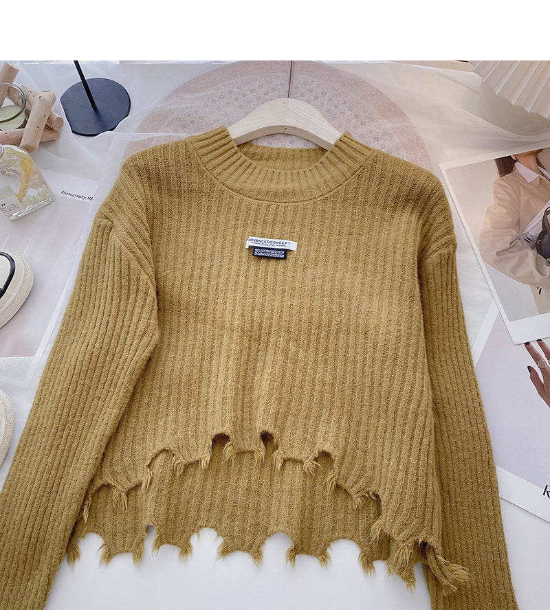 Loser vielseitiger Pullover mit Rundhalsausschnitt, unregelmäßiges kurzes Top 6183