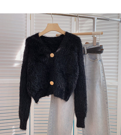 Mohair sweater gentle temperament solid V-neck short long sleeve  6138