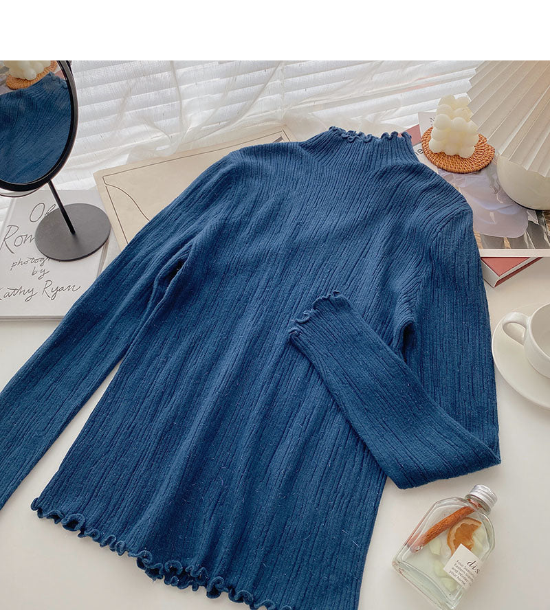 Korean stand collar long sleeve design slim fit bright silk sweater  6664
