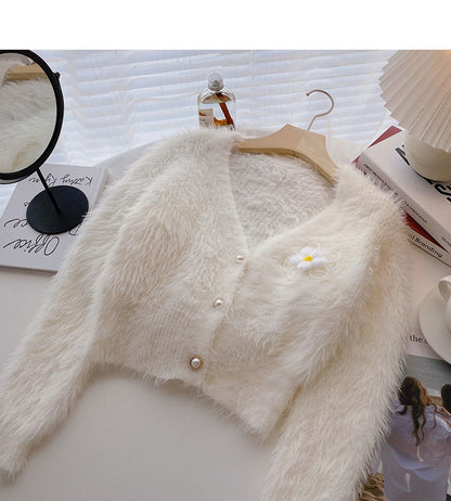 Pull en mohair avec petites fleurs et perles cloutées, cardigan 6093