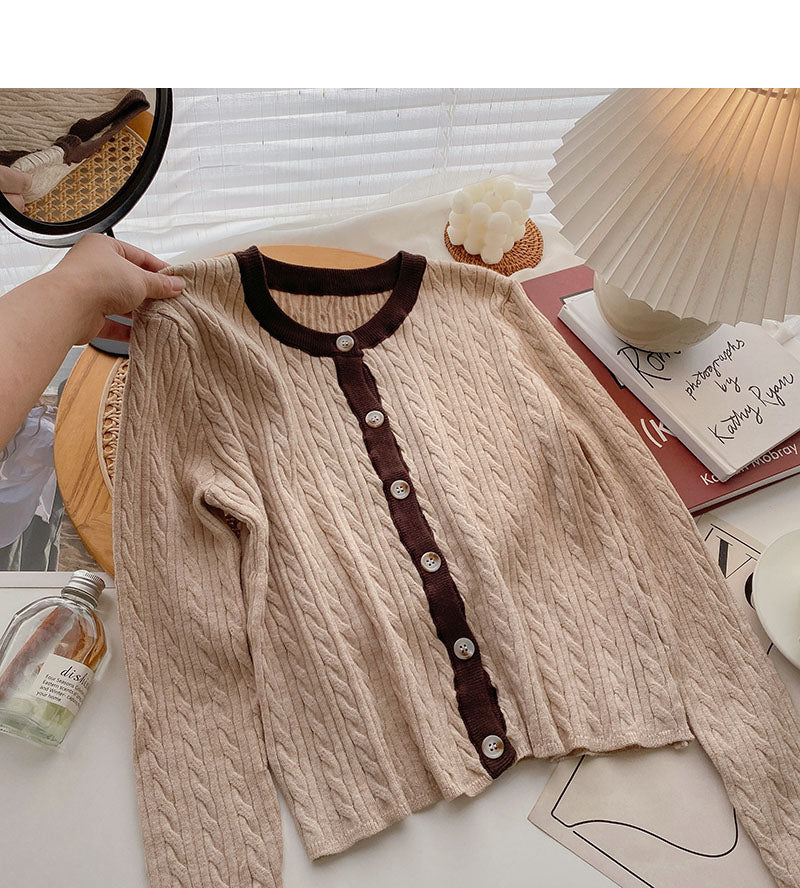 Knitted crew neck cardigan, versatile lazy long sleeve short top  6656