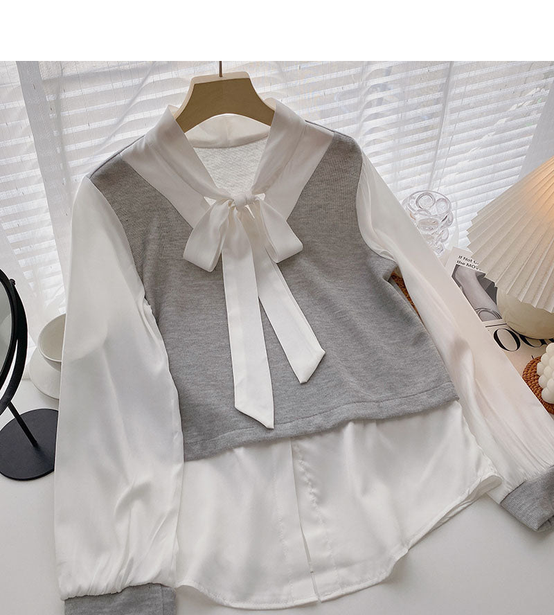 Shirt Female Minority Lace Up Long Sleeve Stitching Fake Two Pieces 6320
