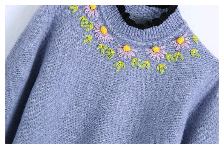 New floral sweet stitching embroidered knit top  7221