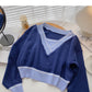 Langarm-T-Shirt Retro-Kontrast V-Ausschnitt kurzes Temperament Top 6551