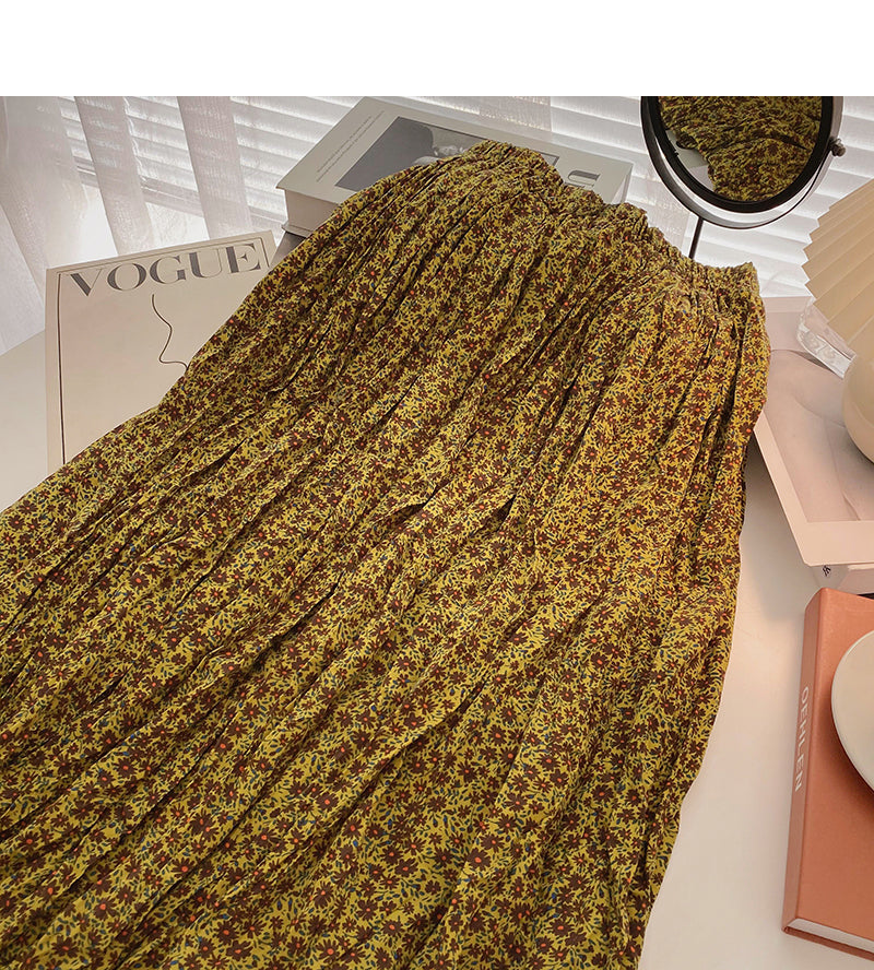 Hong Kong style retro floral high waist elastic A-shaped large swing skirt  5738