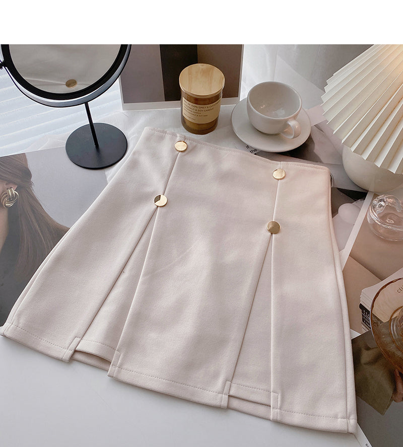 Niche design double row buttons show thin crimp high waist skirt  5652