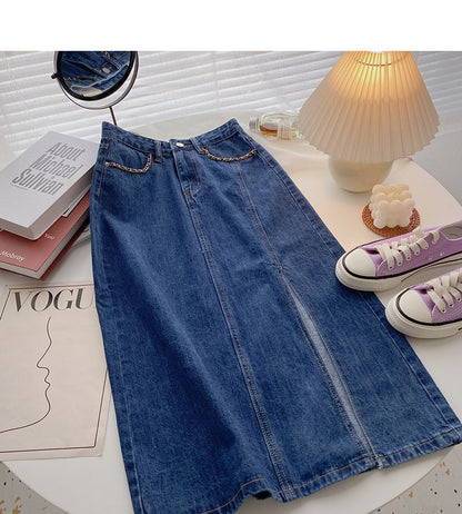 Small retro chain decorative high waist split A-line skirt  5722