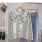 Korean version of thin Hong Kong style retro art doll collar single breasted top  6402