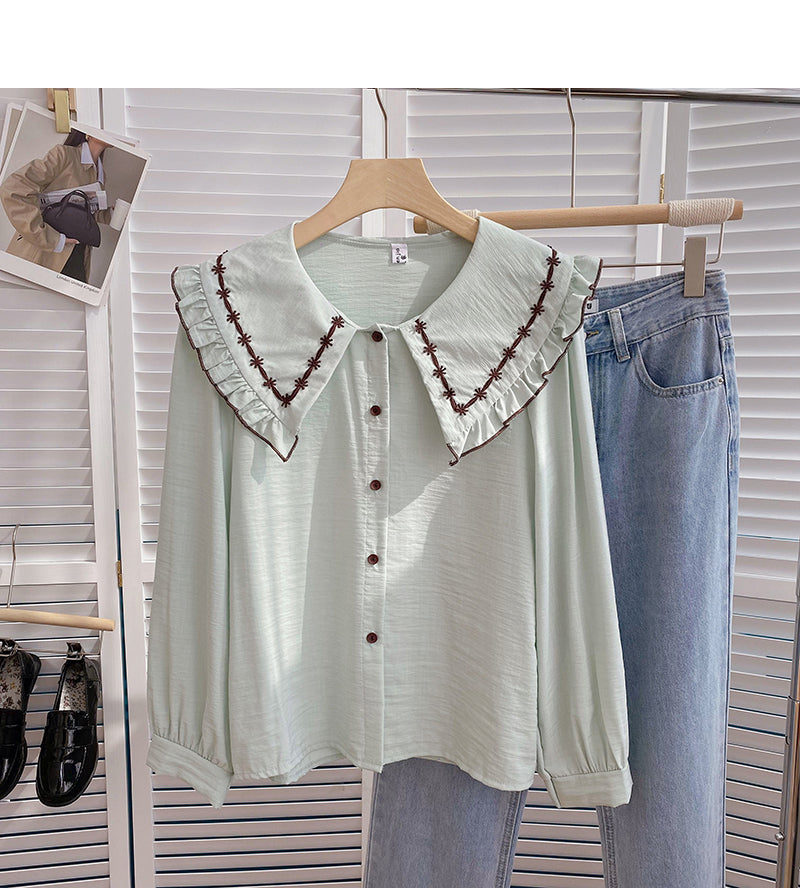 Korean version of thin Hong Kong style retro art doll collar single breasted top  6402