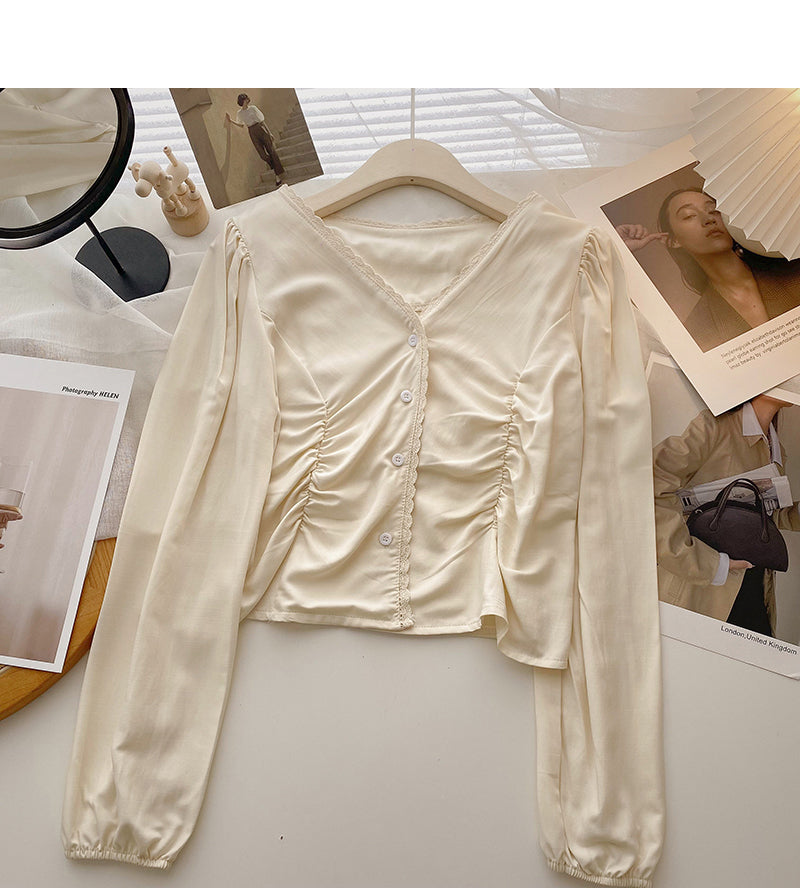Single breasted lace design V-neck shirt  6359