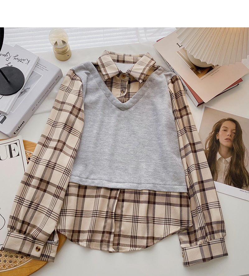 Hong Kong style leisure Plaid long sleeve top  6337