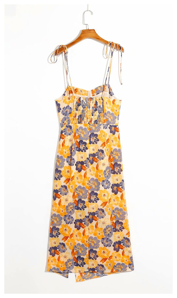 New slim fit, slim and versatile French printed side split suspender backless dress for women  7029