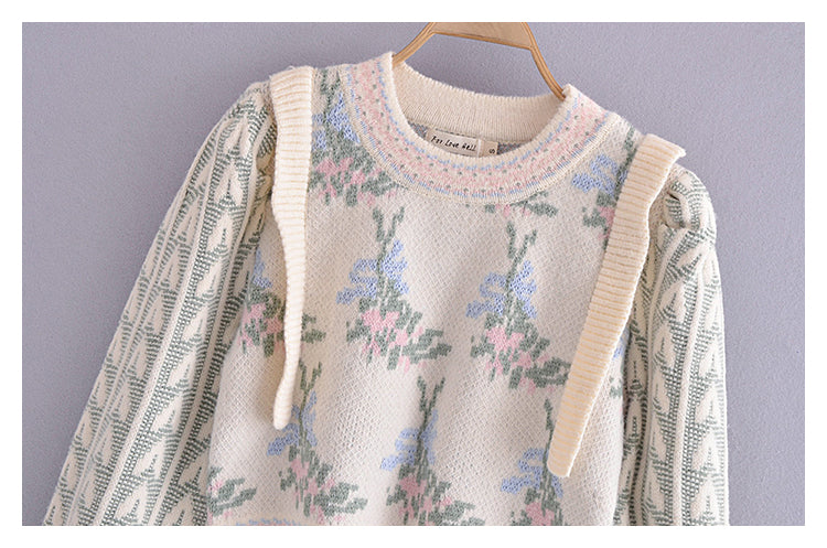 Pull jacquard vintage pour femme, pull à manches bouffantes avec nombril ouvert 7296
