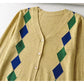 V-neck rhombic jacquard loose thin knit cardigan top  7443