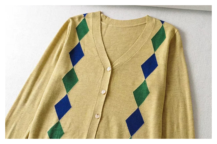 V-neck rhombic jacquard loose thin knit cardigan top  7443