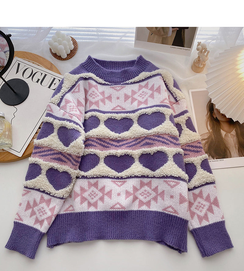 Fleece Kontrastfarbe Love Pullover Langarm Pullover Top 6151