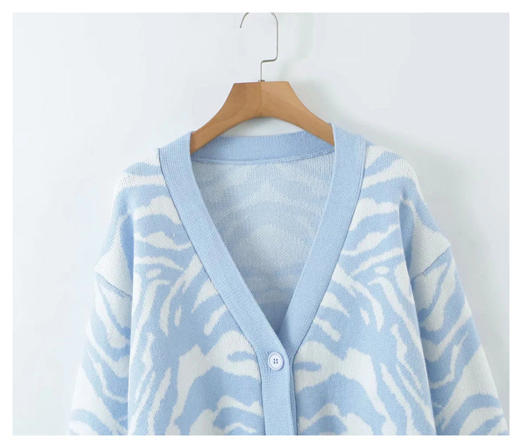 Horse jacquard long sleeve sweater lazy retro V-neck knitted cardigan  7265