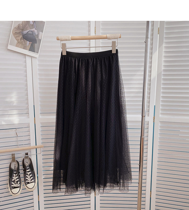 A-förmiger, mittellanger Rock 5790 mit hoher Taille und einfarbigem Polka Dot-Mesh