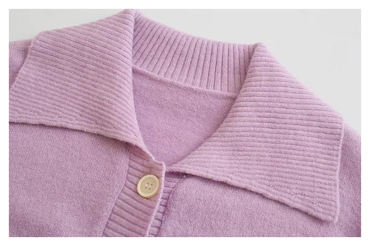 Versatile Lapel solid knit cardigan long sleeve sweater  7356