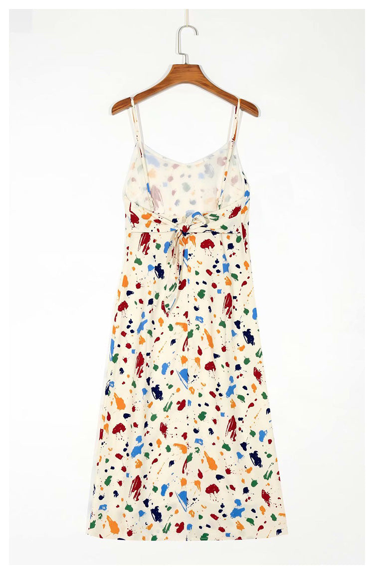French color dot print backless lace up bow suspender dress  7049