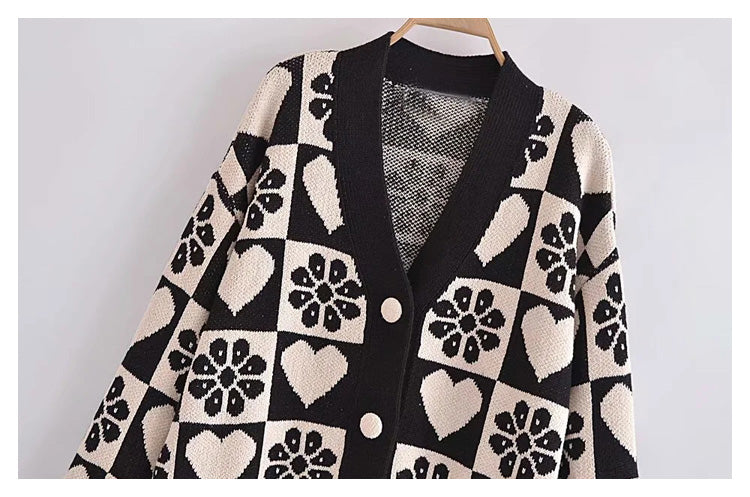 Hochwertige Jacquard-Strickjacke mit V-Ausschnitt und langen Ärmeln 7266