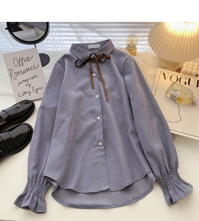 Vintage bandage Lapel slim design long sleeve top  6307