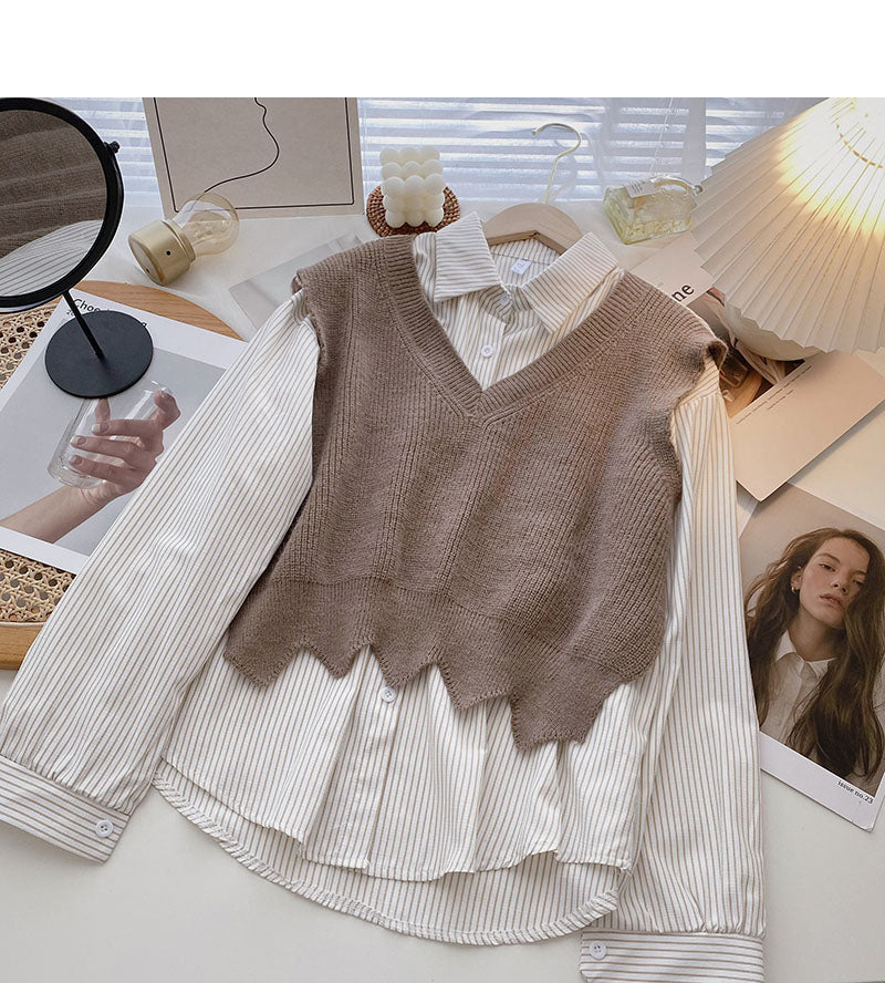 Fashion shirt stitching knitted vest fake two-piece top design  6327