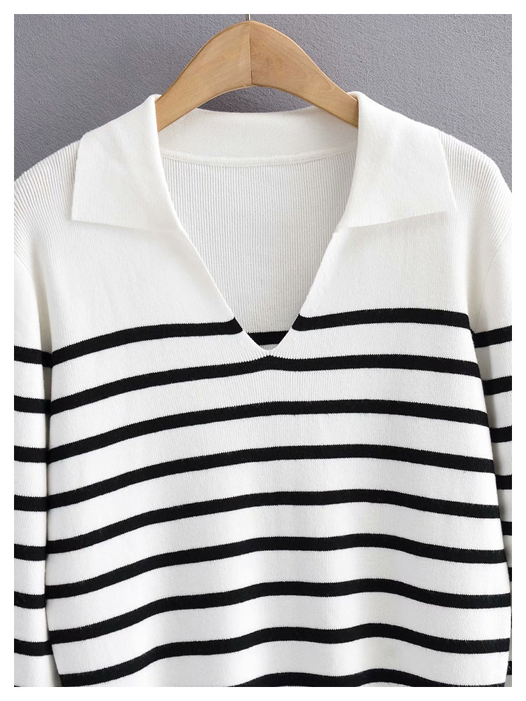 Minority retro lazy black and white striped sweater knitwear female  7493