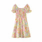 Vintage square neck bubble sleeve lace up gradient Floral Dress  7083