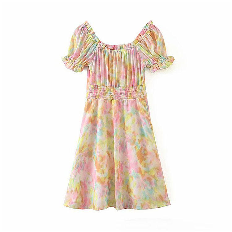 Vintage square neck bubble sleeve lace up gradient Floral Dress  7083