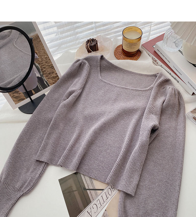 Small man's sweater solid color square neck long sleeve short top  6589
