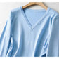 New simple and versatile solid V-Neck long sleeved sweater  7369