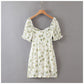 Französisches Retro-Kleid im Court-Stil mit eckigem Ausschnitt und Schnürung und Blasenärmeln 7063
