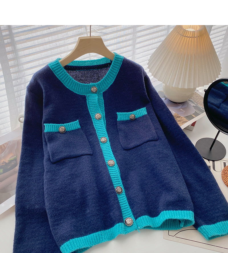 Western style casual color matching single breasted round neck top  6017