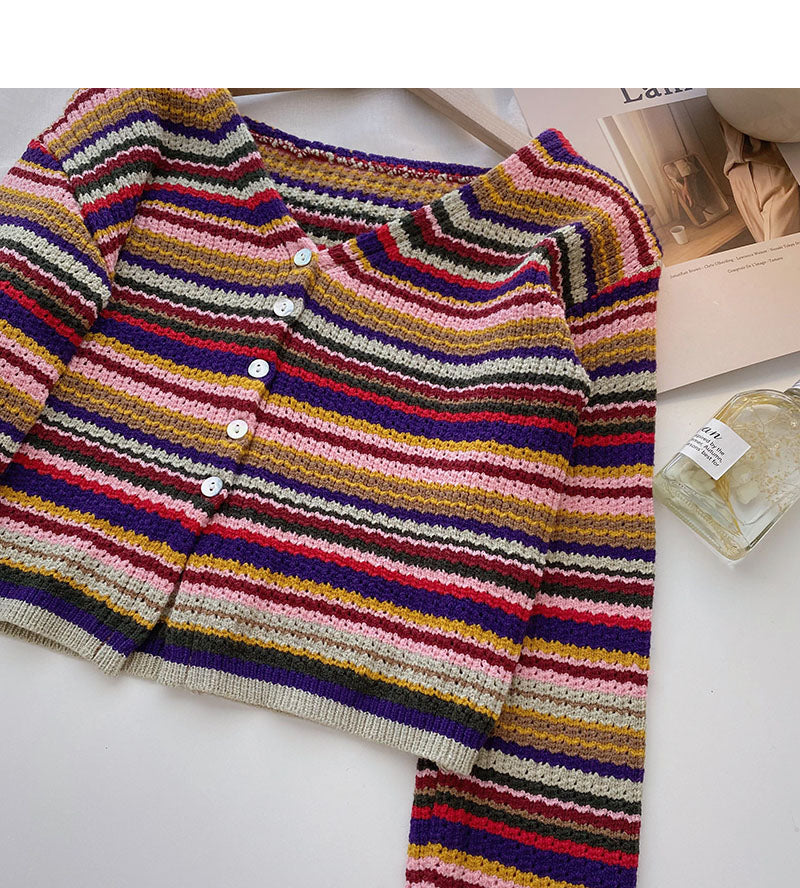 Bunt gestreifter Pullover süßes kurzes Top mit V-Ausschnitt und hoher Taille 6521