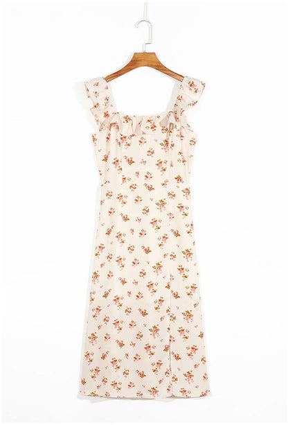 French gentle first love elastic wrinkled girl broken flower knee dress  7092