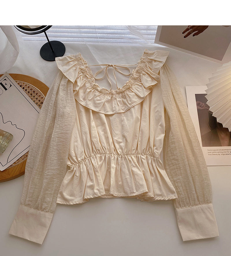 Chemise à lacets, col rond et volants, taille fine 6434