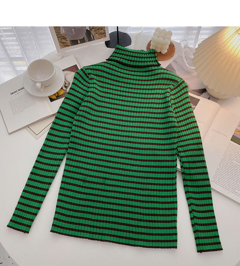 Beliebter Pullover 6652 mit Stehkragen, gestreiftem Boden und langen Ärmeln