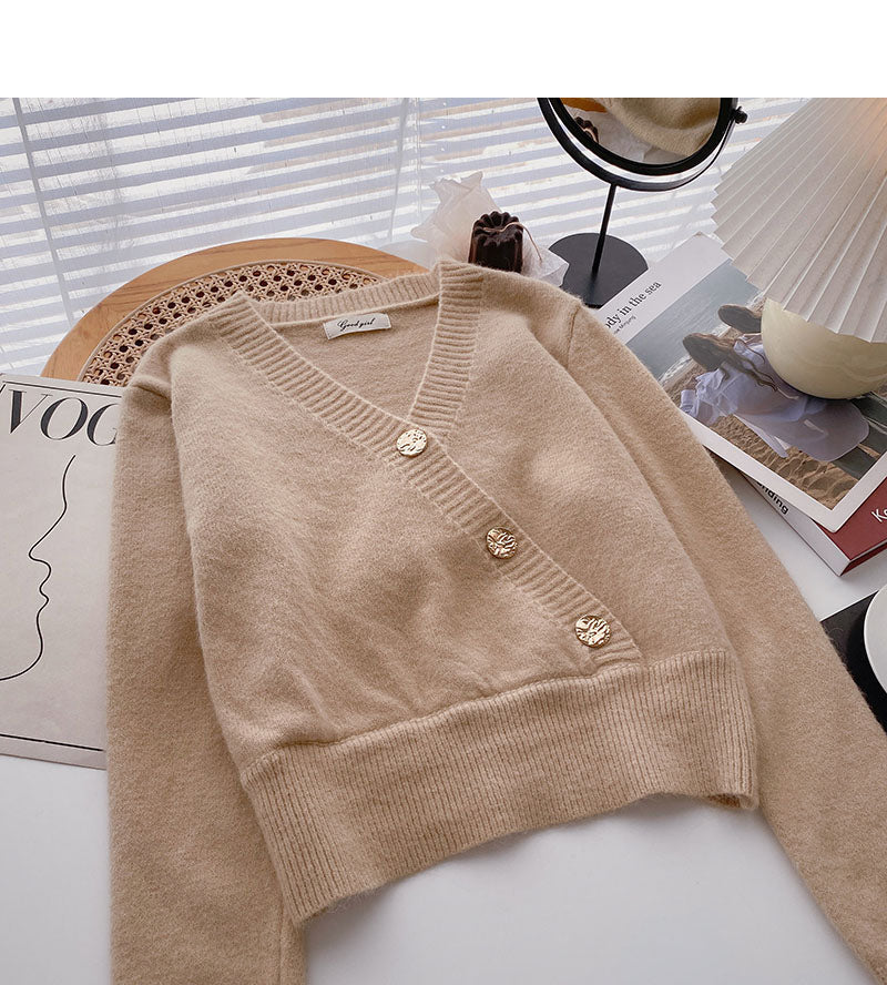Long sleeved knitted sweater retro three button V-neck slim top fashion  6152