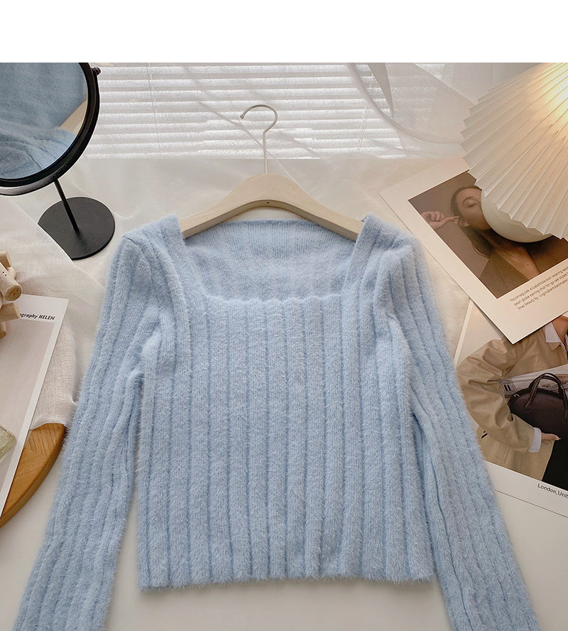 Niche design pit stripe sweater slim square neck top  6156