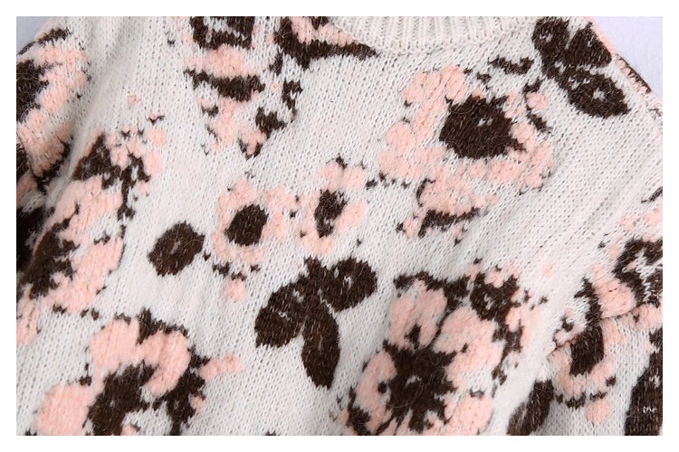 Vintage-Waldblumen-Jacquard-Pullover, weicher, wachsartiger Pullover 7433