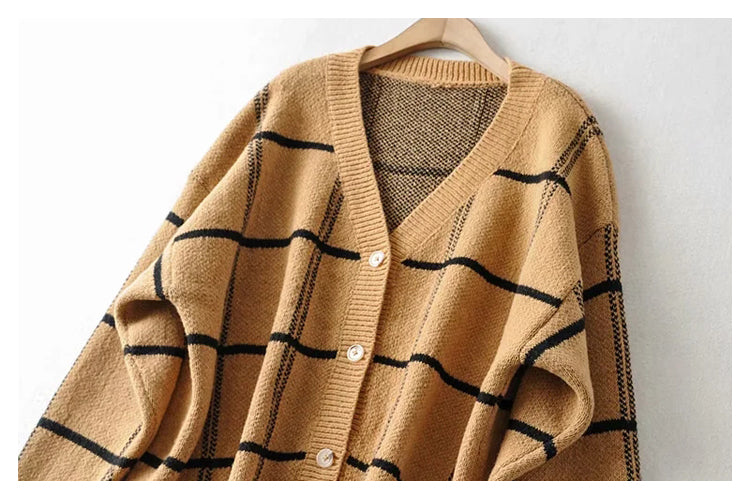 New lazy V-neck contrast Plaid knit cardigan coat  7305