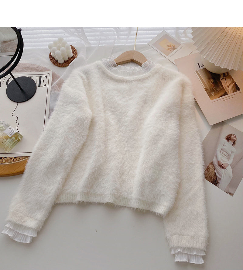Lace edge stand collar Pullover long sleeve mohair sweater  5973