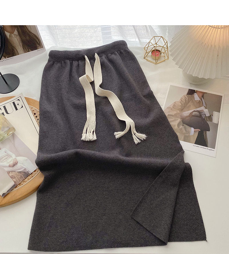 Versatile pop drawstring high waist split A-line skirt  5794